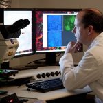 A researcher looking through a microscope in a laboratory